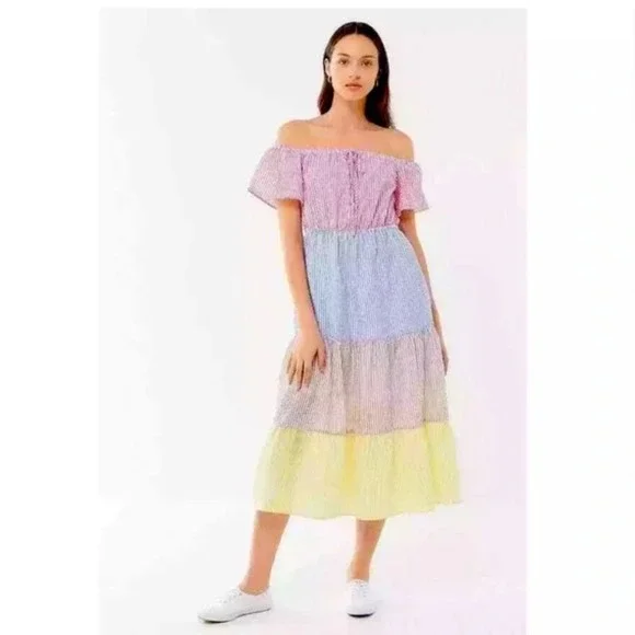 Urban Outfitters XS Off Shoulder Striped Seersucker Tiered Maxi Dress - Picture 1 of 7